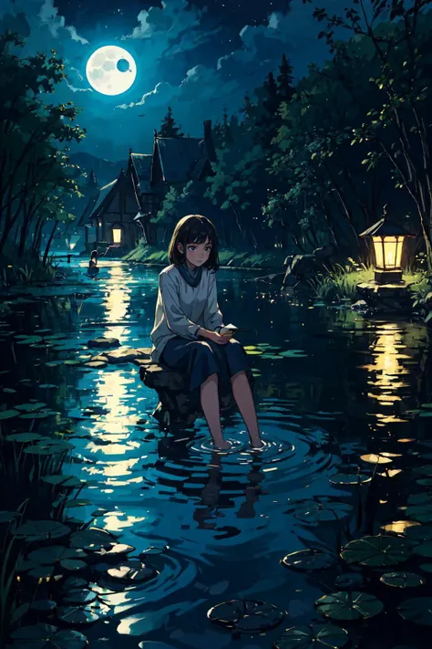 a girl sitting by a pond at night, dipping her feet in water, outdoors, moonlight,, <lora:epi_noiseoffset2:0.25>, <lora:more_details:0.25>