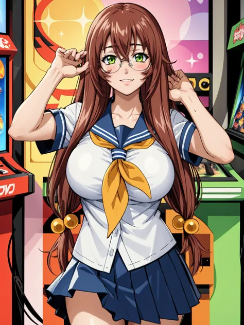 (masterpiece, best quality), 1girl, solo, rubygentokuwz, white skin, shiny skin, brown hair, very long hair, hair ornament, hair bobbles, green eyes, glasses, large breast, serafuku, school uniform, pleated skirt, blue skirt, looking at viewer, blushing, indoors, video game arcade store, <lora:ryuubi_gentoku - ikkitousen-09:0.8>