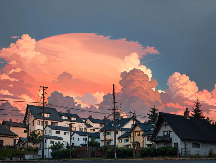 sunset , red cloud in the sky, houses