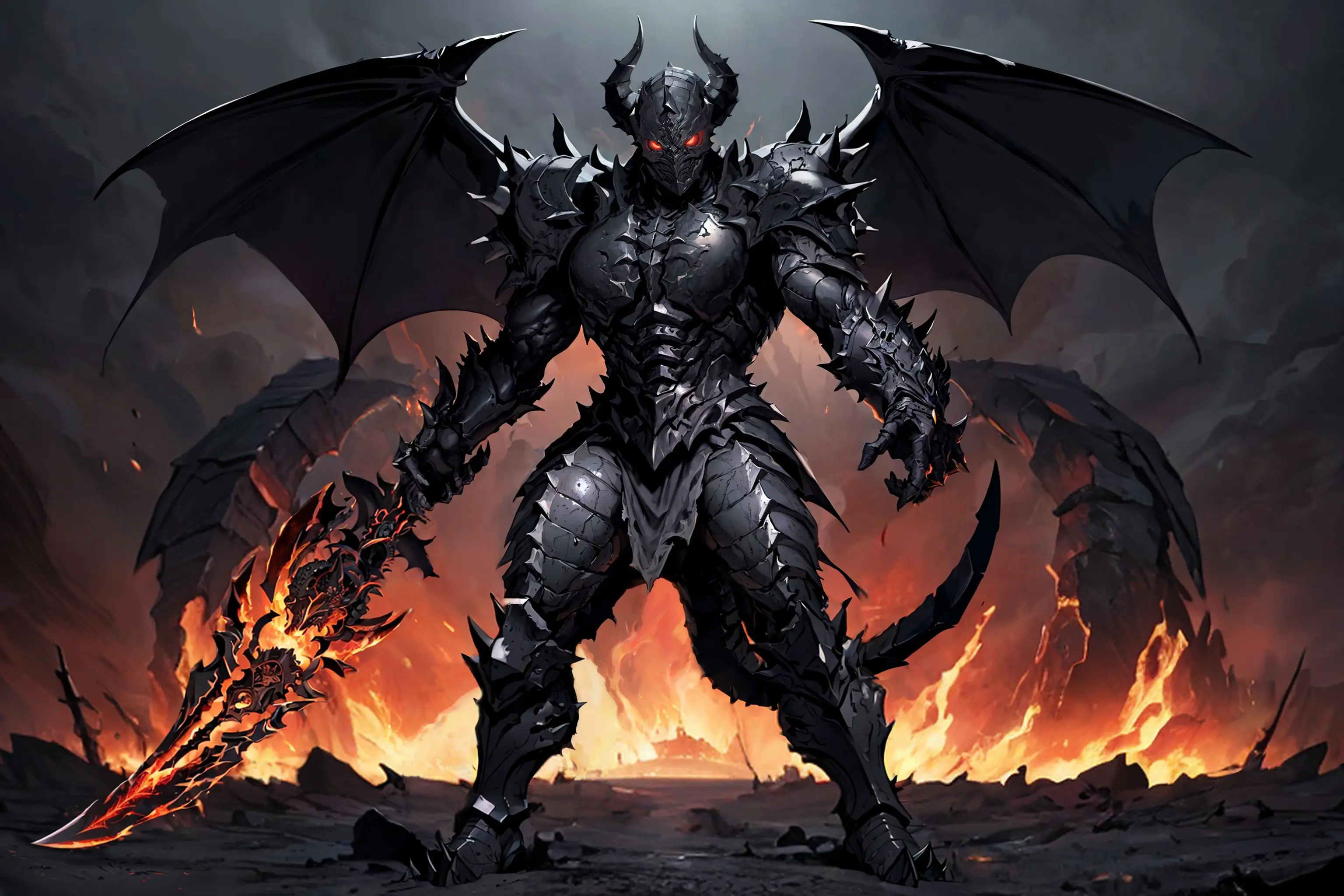 masterpiece, best quality, highres, intricate details, demon beast, grin, demon beast looking for a victim, solo, black spiked armor, full body shot, iron face mask, hellish landscape, black stone skin, skull face, dynamic pose, dark fantasy, <lora:epiNoiseoffset_v2:1>