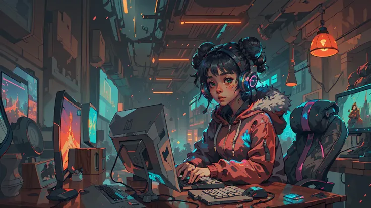 masterpiece,best illustration,solo,1girl,sitting,hair bun,keyboard \(computer\),fur trim,computer,monitor,hood,jacket,hood down,chair,headphones,city,double bun,instrument,<lyco:GPTS5 Heavy_387306:0.6>,<lora:Steampunkcog:0.2>,<lora:nijiMecha:0.2>,<lora:epi_noiseoffset2:0.4> <lora:add_detail:0.2>,cyberpunk, a small wooden toy,\(\(intricate details\)\),colorful details,iridescent colors BREAK,\(\(masterpiece best quality\)\),4k,ultra detailed,detailed lighting,\(\(inspired by Hayao Miyazaki\)\),official art,promotional art,composition,