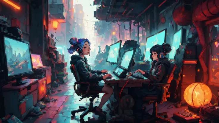 masterpiece,best illustration,solo,1girl,sitting,hair bun,keyboard \(computer\),fur trim,computer,monitor,hood,jacket,hood down,chair,headphones,city,double bun,instrument,<lyco:GPTS5 Heavy_387306:0.6>,<lora:Steampunkcog:0.2>,<lora:nijiMecha:0.2>,<lora:epi_noiseoffset2:0.4> <lora:add_detail:0.2>,cyberpunk, a small wooden toy,\(\(intricate details\)\),colorful details,iridescent colors BREAK,\(\(masterpiece best quality\)\),4k,ultra detailed,detailed lighting,\(\(inspired by Hayao Miyazaki\)\),official art,promotional art,composition,