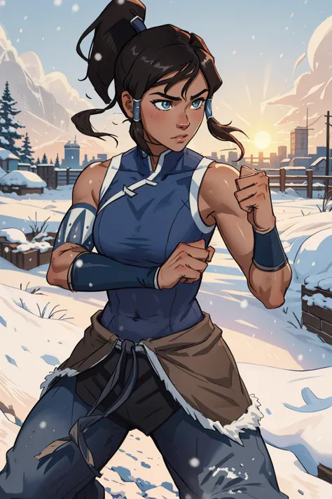 masterpiece, 1girl, solo, muscular girl, standing straght, fighting ready pose, closed fists, korra, dark skin, dark-skinned female, ponytail, hair tubes, short hair, sleeveless, bare shoulders, snow, day, sun,