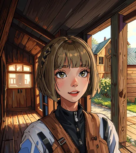 masterpiece, best quality, low contrast,  portrait , only face , solo , young, girl, cheerful,  (olive  hair:1.3),  (bob haircut:1.2), grey eyes, clean outfit, (inside in the wooden house:1.4), cyberpunk clothes