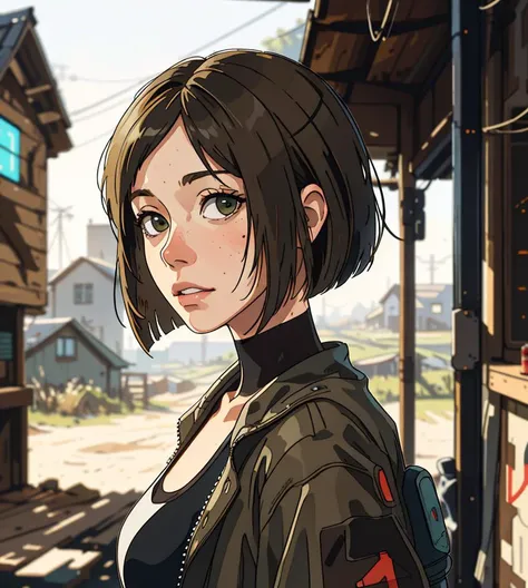 solo ,masterpiece, best quality, only face, countryside, country girl, olive hair, bob haircut, double exposure, wood house , dust and scratches, (cyberpunk clothes:1.2), (blurry background:1.4)