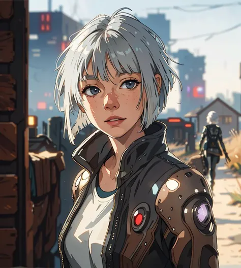 solo ,masterpiece, best quality, only face, countryside, country girl, silver hair, bob haircut, double exposure, wood house , dust and scratches, (cyberpunk clothes:1.2), (blurry background:1.4)