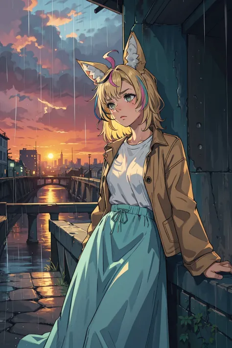 masterpiece, 1girl, solo, op1, animal ears, fox tail, streaked hair, brown jacket, white shirt, long sleeves, long skirt, jewelry, green skirt, tired bored face, evening, city, bridge, rain, clouds, depression, dark, sunset, leaning on the parapet