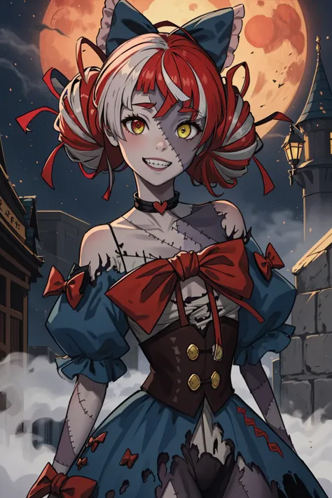 masterpiece, (horror:1.3), 1girl, solo, kureiji ollie, double bun, torn dress, red bow, hair bow, zombie, patchwork skin, heterochromia, red eyes, yellow eyes, grin, night, fantasy narrow street, castle, red moon, fog,