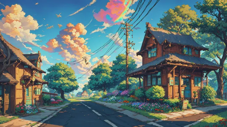 outdoors, scenery, house, grass, sky, power lines, cloud, day, utility pole, tree, ground vehicle, building, blue sky, road, flower, no humans, motor vehicle, fence, water, plant,a small wooden toy,\(\(intricate details\)\),colorful details,iridescent colors BREAK,\(\(masterpiece best quality\)\),4k,ultra detailed,detailed lighting,\(\(inspired by Hayao Miyazaki\)\),official art,promotional art,composition,