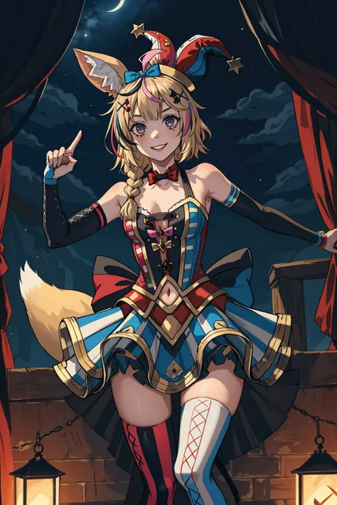 masterpiece, (horror:1.3), 1girl, solo, op1, animal ears, hairclip, streaked hair, hair bow, jester cap, fox tail, thighhighs, navel cutout, mismatched legwear, elbow gloves, single glove, bare shoulders, vertical stripes, skirt, smile, dark, night, fantasy theatre,
