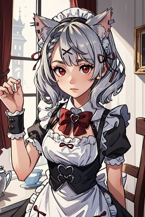 (masterpiece, best quality), intricate details,
1girl, <lora:SakamataMaid:0.8> sakamata, cat ears, red eyes, silver hair, , maid, maid headdress, wrist cuffs, maid apron,