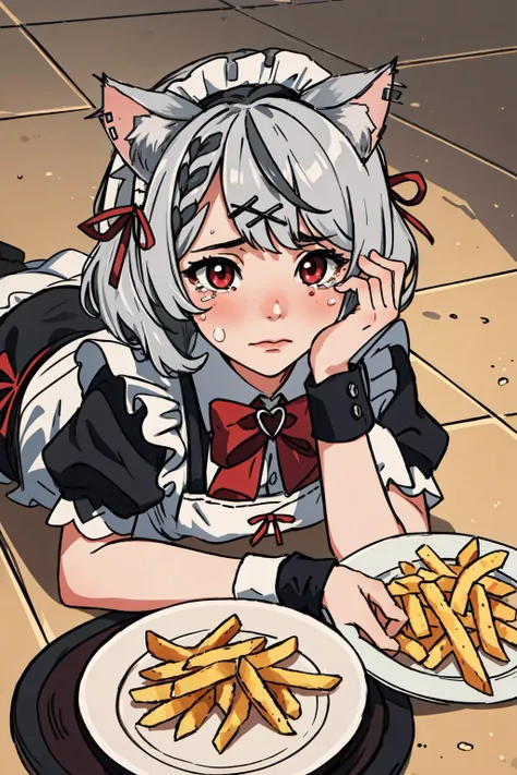 (masterpiece, best quality), intricate details,
1girl, <lora:SakamataMaid:0.8> sakamata, cat ears, red eyes, silver hair, , maid, maid headdress, wrist cuffs, maid apron,
<lora:ApuSpillsHisTendiesMeme:0.6> ApuMeme, lying, tears, on stomach, food, spill, crying, shadow, tearing up, on floor, cup, french fries,