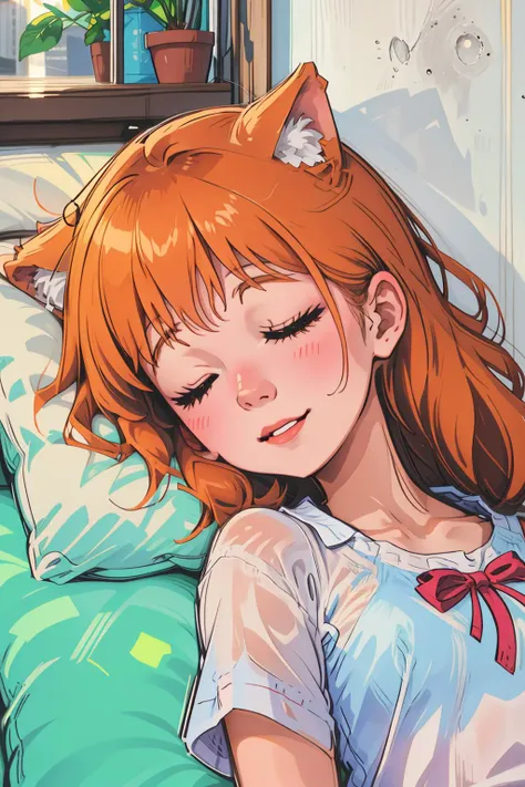 masterpiece, sleepeace, pajama, arm up, on back, head tilt, orange hair, long wavy hair, wolf ears, (mooning, sunlight:1.1), backlighting, (ultra_detailed:1.2)