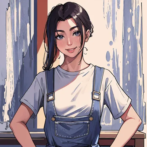((Masterpiece, best quality)),smile, best quality, masterpiece, (absurdly high resolution:1.4), t-shirt and long overalls, <lora:BRWoman:1>