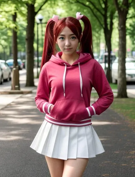 best quality, masterpiece, highres, detailed, realistic, cosplay, <lora:Detail - add_detail:0.2>, SayakaYumi, short twintails, red hair, green eyes, blue gloves, pink hoodie, white skirt, shorts under skirt, serious, blush, <lora:Character - SayakaYumi:0.5>, 1girl in her 20's, outdoors, city,