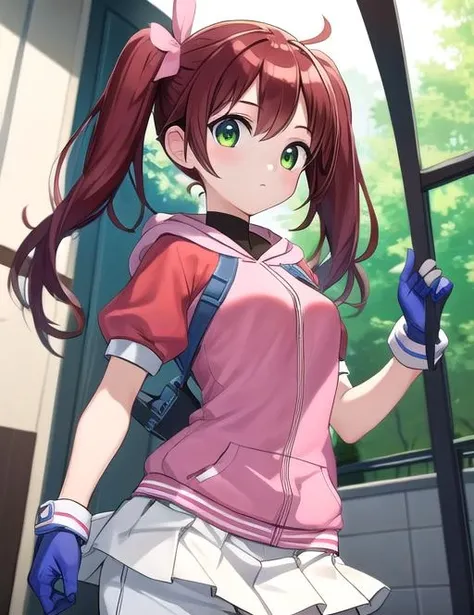 best quality, masterpiece, highres, detailed, digital artwork, <lora:Detail - add_detail:0.2>, SayakaYumi, red hair, green eyes, short twintails,  <lora:Character - SayakaYumi:0.9> BREAK blue gloves, white skirt, pants under skirt, pink hoodie, short sleeves, red sleeves,