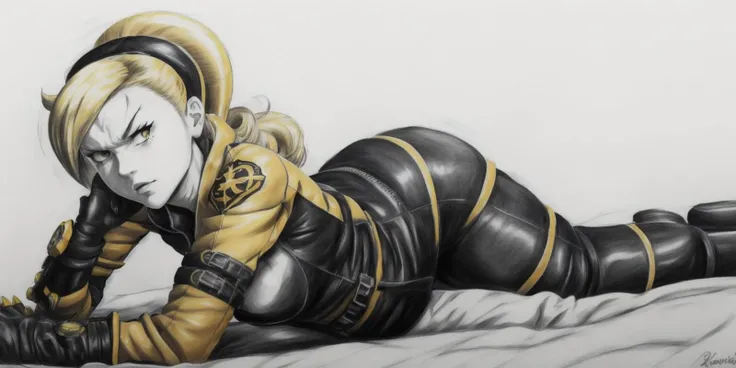 <lyco:lien neville_v1.0b:1> drawing og lien neville, laying on a white spaceship bed