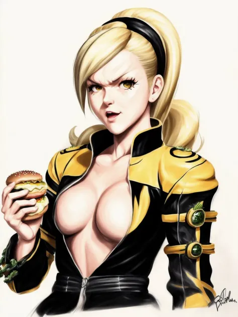 <lyco:lien neville_v1.0b:1> concept drawing of lien neville, eating a hamburger