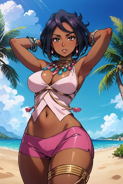 masterpiece, best quality, <lora:pkmnolivia-nvwls-v1-000009:0.9> pkmnolivia, dark skin, necklace, bracelet, neck ring, cleavage, pink shirt, beads, midriff, pink short shorts, thigh strap, large breasts, thighs, island, sand, palm tree, lipstick, arms behind head, from below, blue sky