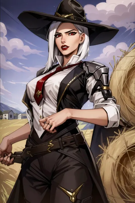 best quality, intricate details,


1girl,  <lora:asheOverwatchLORA_v1:0.8> ashe, red eyes,black jacket, white shirt, red tie, black cowboy hat,

hay, haypile, farm, straw,