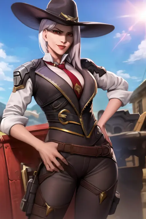 portrait, ashe, red eyes, waist up, jacket, suit, necktie, cowboy hat, blue sky, sunlight, smile, arrogant facial expression, hand on hips, clouds, pants, looking at viewer, best quality, <lora:asheOverwatchLORA_v1:0.8>