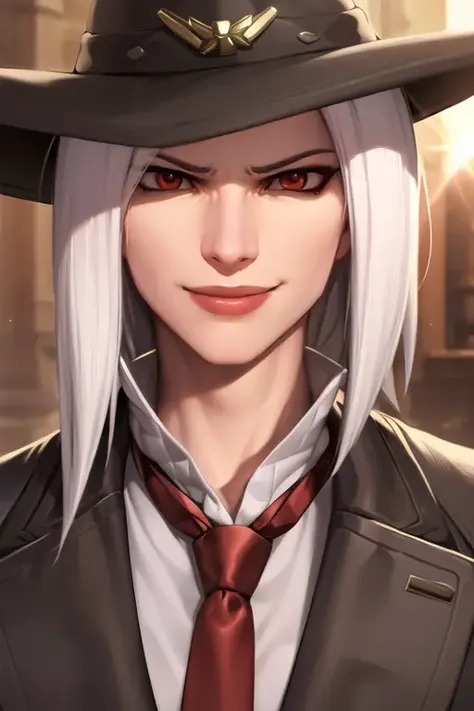 portrait, ashe, necktie, sunlight, smile, arrogant facial expression, looking at viewer, best quality, <lora:asheOverwatchLORA_v1:0.7>