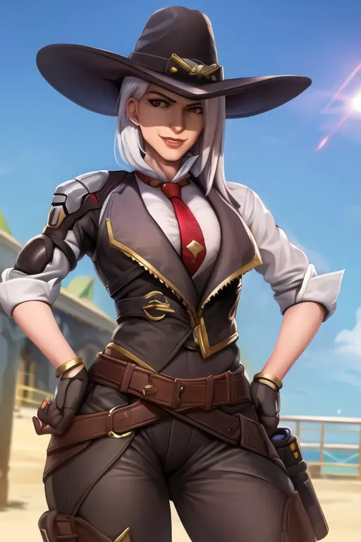 portrait, ashe, red eyes, waist up, jacket, suit, necktie, gloves, cowboy hat, blue sky, sunlight, smile, arrogant facial expression, hand on hips, clouds, pants, looking at viewer, best quality, <lora:asheOverwatchLORA_v1:0.8>