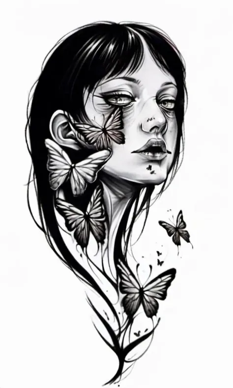 a girl has two face with butterflies on her nose and a butterfly in her mouth,,draktattoo,white background <lora:diablo-1119:1>