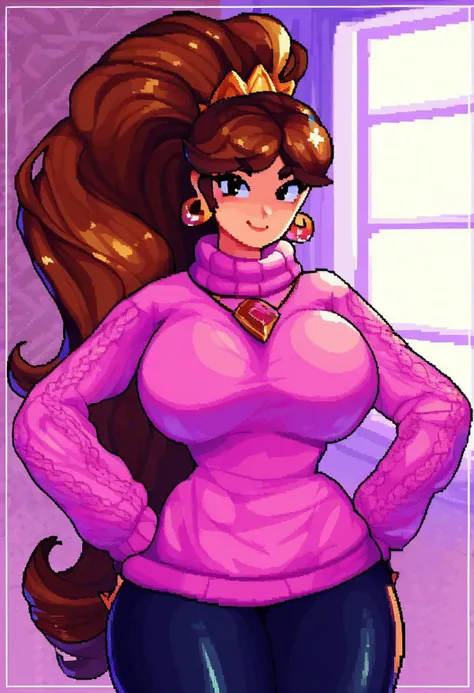 score_9, score_8_up, score_7_up, masterpiece, high quality, BREAK
<lora:Multiplylayer stylePonyLyco:1>, giant image jpeg pixel art portraits, an anime style woman in a pink sweater with a very long ponytail standing in front of a window with a street in the background, 1girl, solo, sweater, breasts, jewelry, earrings, long hair, brown hair, hands on hips, looking at viewer, large breasts, black grey pantyhose