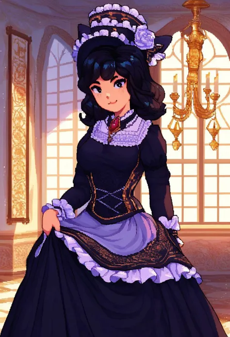 score_9, score_8_up, score_7_up, masterpiece, high quality, BREAK
 <lora:Multiplylayer stylePonyLyco:1>, giant image jpeg pixel art portraits, masterpiece, a beautiful lady is wearing a victorian outfit, dressed elegantly, 1girl, dress, hat, black dress, black hair, indoors, cat, solo, long sleeves, looking at viewer, standing, chandelier