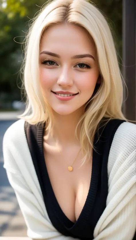 instagram photo, closeup face photo of 23 y.o Chloe in black sweater, blond hair,cleavage, pale skin, (smile:0.4), hard shadows