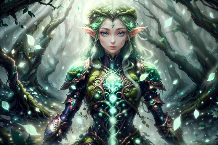 high quality, <lora:NatureMagic:1> naturemagic, solo, (full body:0.6), looking at viewer, detailed background, detailed face, (<lora:DruidMagicAI:0.5>, DruidMagicAI, druidic theme:1.1) nature-sentinel, wooden armor, union of moss with armor, light armor, dynamic pose, serene, glowing druidic marks etched in armor, mystical aura, overgrown mushroomsparticle effects, vibrant thicket in background, spring, insects, windblown leaves, moonlight, mystical atmosphere,,