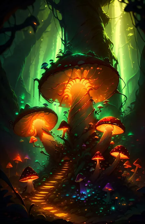 DruidMagicAI, giant bio-luminescence mushroom forest, <lora:DruidMagicAI:0.9> fcPortrait <lora:NijiExpressV2:0.6>