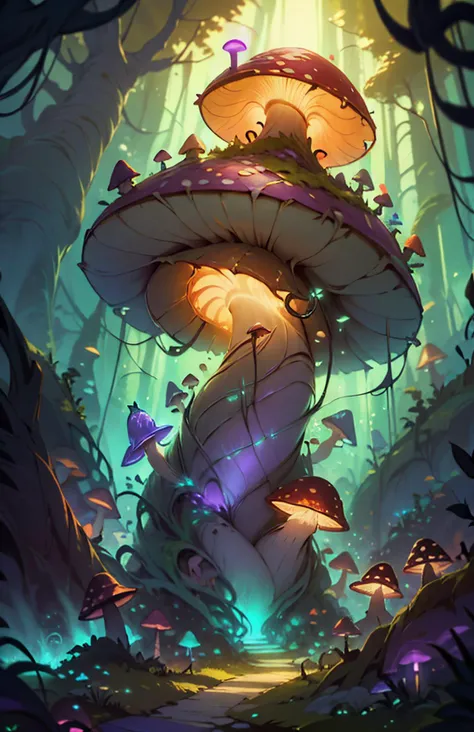 DruidMagicAI, giant bio-luminescence mushroom forest, <lora:DruidMagicAI:0.9> fcPortrait <lora:NijiExpressV2:0.6>