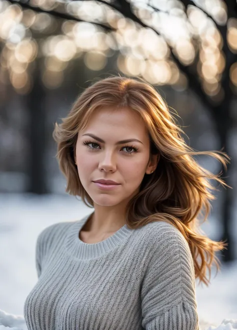 n1k1c0x,, beautiful girl wearing a thin athletic sweater, glamourous hair, depth of field, bokeh, morning in the snow, (masterpiece) (best quality) (detailed) (8k) (wallpaper) (cinematic lighting) (sharp focus) (intricate), dynamic lighting, vivid