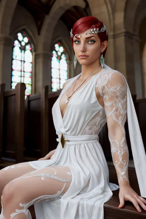 Marisa, red hair, pixie cut hair, muscular woman, green eyes, jewelry, earrings, medium breasts, see-through clothing, earrings, necklace, white dress, silver leaf circlet, looking at viewer, serious, sitting, on altar, inside church, stain glass, soft lighting, high quality, masterpiece, <lora:marisaS3:.7>