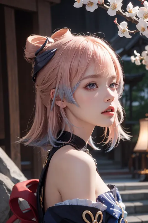 <lora:genshinfull1:0.8>, <lora:sangonomiyakokomi1:0.8>, kokomidef, sangonomiya kokomi (genshin impact), bare shoulders, japanese clothes,
1girl,solo, short hair,realistic, pink hair,lips,profile,portrait,closed mouth,nose,from side, best quality, masterpiece, illustration, an extremely delicate and beautiful, extremely detailed ,CG,unity,8k wallpaper, Amazing, finely detail, masterpiece, best quality,official art,extremely detailed CG unity 8k wallpaper,absurdres, incredibly absurdres, huge filesize , ultra-detailed, highres, extremely detailed,beautiful detailed girl, extremely detailed eyes and face, beautiful detailed eyes,light on face,
outdoors, cherry blossom, shrine, outside, day