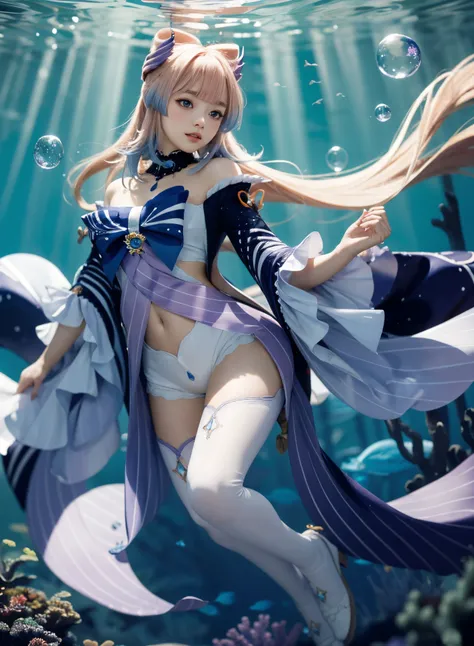 ultra-realistic, best quality, intricate details, masterpiece, legs are bent, large eyes, <lora:sangonomiyakokomi1-000008:1>,kokomidef, deep underwater, rays, full body, (in the air:1.1), bubbles