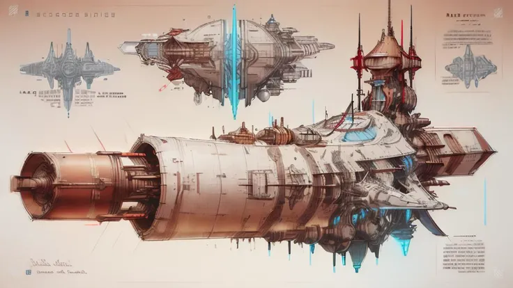 Spaceship,yellowed paper,Backround modern white,Picture of Award-winning works,(HD picture quality,Masterpiece,light red/blue text),,SteampunkSchematics, <lora:GlowingRunesAIv2:1>, <lora:spaceship:1>, very detailed image,<lora:EnhancedDetail:0.8>