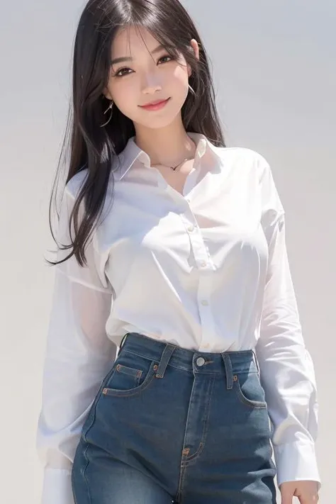 <lora:cuteGirlMix4_v10:0.6>, <lora:shirtliftv1:0.25>, <lora:realisticVisionV20_v20:0.1>, <lora:mix4:0.05>,a girl ,young, slim,smile,lovely,  black hair, (raw photo),(best quality), (photorealistic),(simple white background:1.2), dress shirt and jeans, White background, ,Canon 5D Mark4 , create a polished and powerful look,