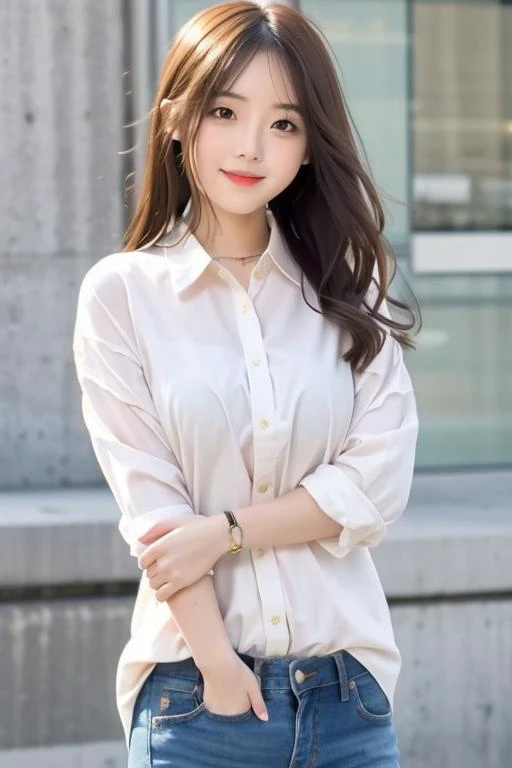 <lora:cuteGirlMix4_v10:0.9><lora:shirtliftALORAFor_shirtliftv1:0.1>,a girl ,young, slim, dress shirt and jeans, White background