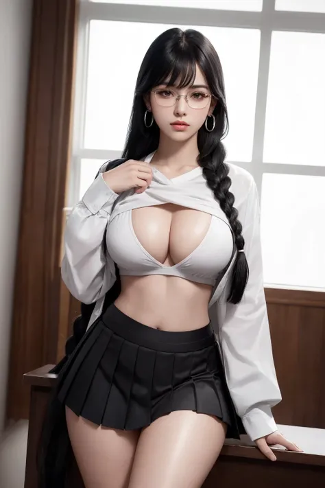 White shirt isolated on white background、Ribbon Ties、blue skirts、Wear folded white socks、Wearing round-rimmed glasses，Japan  Woman，Large breasts，Lie down with a faint smile，White bed，Isolated on bright white background、perfect anatomia，spread your legs，Show me the panties