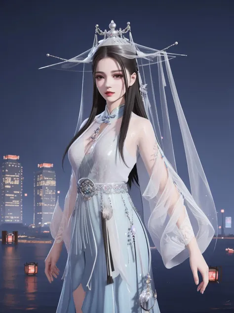 <lora:yjwjGQHxiangxueshuilan_20230727214725:0.75>,1girl,mature female, hat,dress,see-through, cityscape, night, looking at viewer, veil,hair ornament, chinese clothes, jewelry, trim,