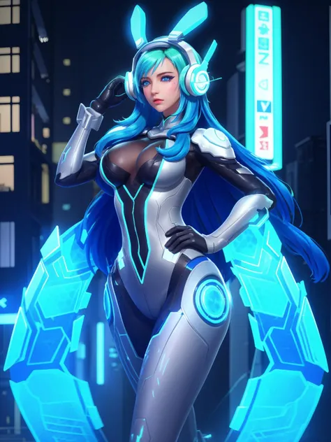 WZRYdiaochanZMZY, 1girl, bodysuit, long hair, blue eyes, blue hair, skin tight, solo,headphones, neon trim, medium breasts,gloves, lips, nose, <lora:WZRYdiaochanZMZY:0.75>,cityscape, night, looking at viewer, mature female, hand on hip,