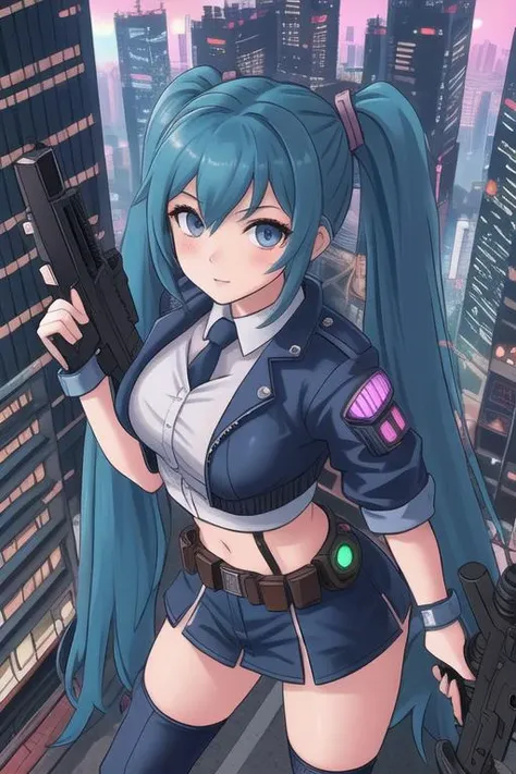 best quality, flying 1girl, cute face, long twintails hair, detailed eyes, fighting stance, holding a gun, city from above, cyberpunk,