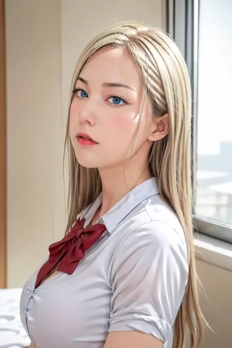 (day),bedroom,high rise apartment, windows,
dynamic pose,standing at attention,
white_shirt,collared_shirt,short sleeves, 
skirt,collarbone,red_bowtie,
<lora:Reina_Kurashiki_SaiminSeishidou-KK77-V3:0.7>,
blonde_hair, blue_eyes,long_hair,parted_bangs,
,<lora:more_details:0.1>,
1 girl, 18yo,Young female,Beautiful long legs,Beautiful body,
Beautiful Nose,Beautiful character design, perfect eyes, perfect face,expressive eyes,perfect balance,
looking at viewer,closed mouth, (innocent_big_eyes:1.0),(Light_Smile:0.3),
official art,extremely detailed CG unity 8k wallpaper, perfect lighting,Colorful, Bright_Front_face_Lighting,White skin,
(masterpiece:1.0),(best_quality:1.0), ultra high res,4K,ultra-detailed,
photography, 8K, HDR, highres, absurdres:1.2, Kodak portra 400, film grain, blurry background, bokeh:1.2, lens flare, (vibrant_color:1.2),professional photograph,
(Beautiful,huge_Breasts:1.2), (beautiful_face:1.5),(narrow_waist),