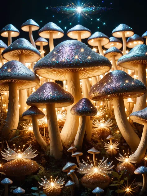 A field of mushrooms that glow with ral-glitter, making them look like they're from a fairy tale. <lora:ral-glitter-sdxl:1>,<lora:EnvyBetterHiresFixXL01:0:hr=1>