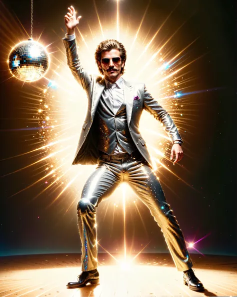 a ral-glitter man of the 80's at a disco,wearing ggolden glittering trousers and blazer, dancing,moustache and mullet and sunglass,disco ball,sharp focus,(masterpiece, best quality, highres, high resolution:1.2),extremely detailed,realistic,intricate details,(cinematic lighting, volumetric)