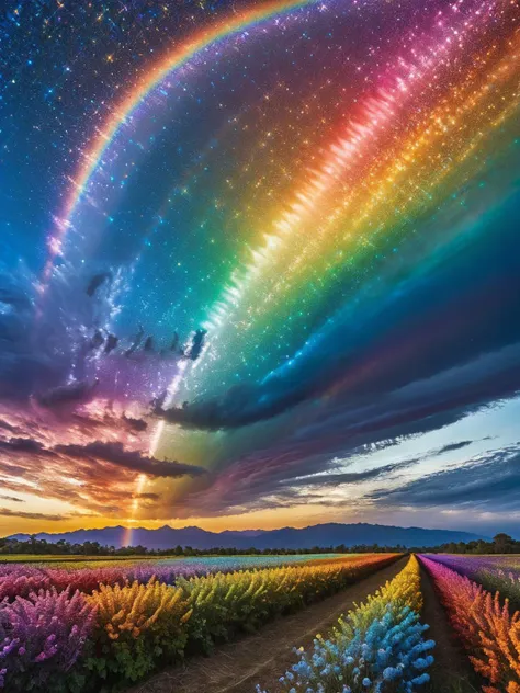 A rainbow that has been tie-dyed with ral-glitter, creating a psychedelic spectacle in the sky. <lora:ral-glitter-sdxl:1>,<lora:EnvyBetterHiresFixXL01:0:hr=1>