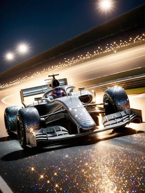 ral-glitter, A ral-glitter F1 race car racing down the home straight at night <lora:ral-glitter-sdxl:0.9>, <lora:EnvyBetterHiresFixXL01:0:hr=1>